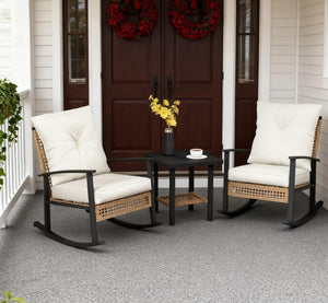 English Elm Patio Pe Rattan Rocking Chair Set with Tufted Cushions and Matching Coffee Table Beige+White,Natural T3971P419108