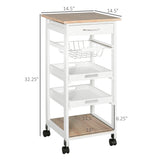 English Elm Homcom Mobile Kitchen Cart, Rolling Kitchen Island With Storage, Solid Wood Frame Utility Cart With Wire Fruit Baskets, Trays and Drawer, White