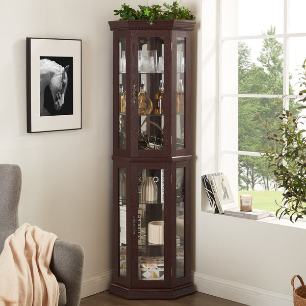 English Elm Lighted Corner Curio Cabinet - Elegant Glass Display With Adjustable Shelves & Ambient Lighting - Dark Cherry W1758P300130