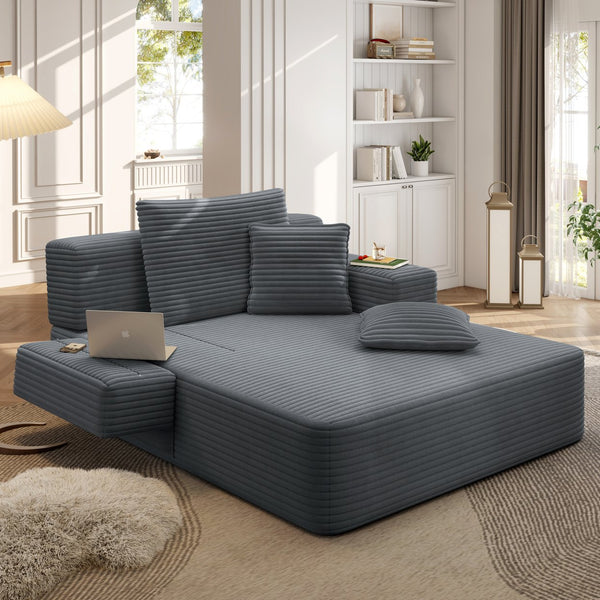 English Elm Luxurious Corduroy Convertible Chaise Lounge Sofa Bed with Foam Support for Apartments Dark Gray W3219P449014