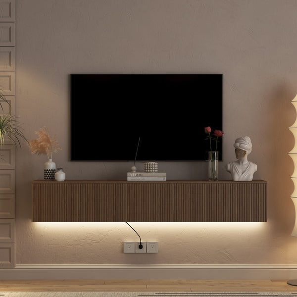 English Elm Floating LED TV Stand Wall Mounted with 16-Color Ambience, Modern Floating Cabinet with Ample Storage for 55–65" TVs Wood 74.8 L x 21.46 W x 5.51 H W1321P301176