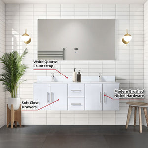 English Elm Glossy White 60in Double Bath Vanity with Quartz Top, Chrome Faucets, 60in LED Mirror, Durable Finish B2731S01016
