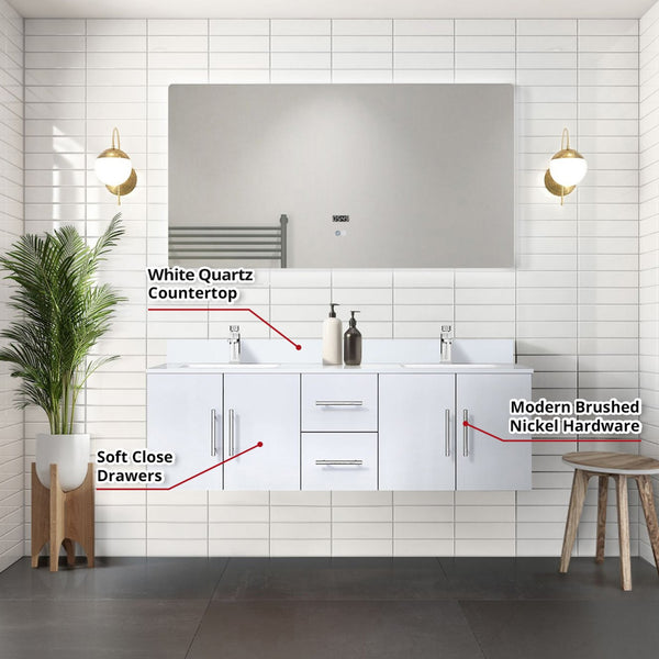 English Elm Glossy White 60in Double Bath Vanity with Quartz Top, Chrome Faucets, 60in LED Mirror, Durable Finish B2731S01016
