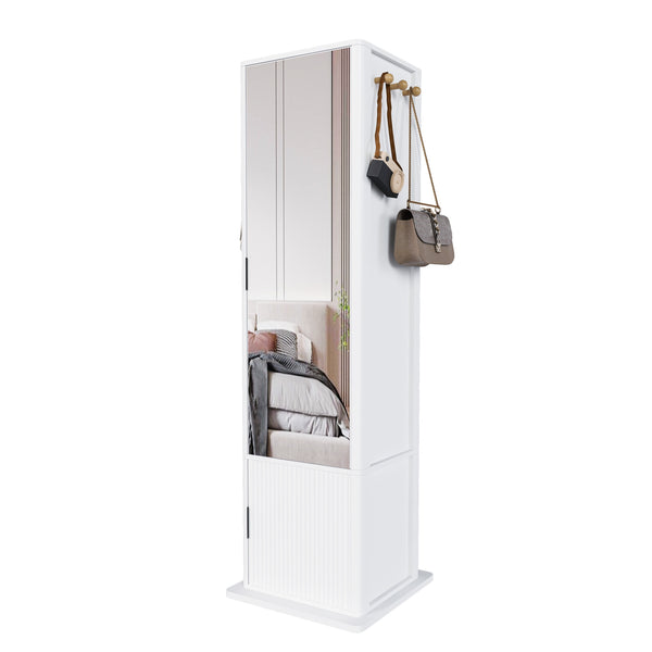 English Elm 360° Rotating Tower Cabinet with Full Length Mirror Open Shelving and Jewelry Storage White W509P456172