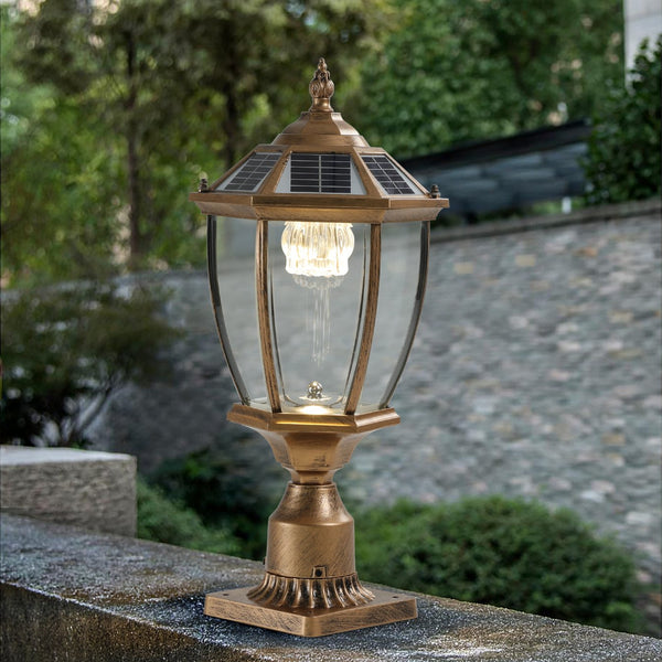 English Elm 20"(H) Golden Solar Lantern Vintage LED Garden Light with Elegant Glass, Auto-On for Paths W1340133339