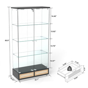 English Elm Modern Glass Display Cabinet With Led Lights, 4 Shelves & Drawers - Stylish Furniture For Collectors W241S00057