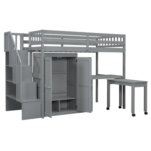 English Elm Queen Murphy Bed with Integrated Desk Cabinet Shelves Space Saving Studio Solution Gray N708S00013E