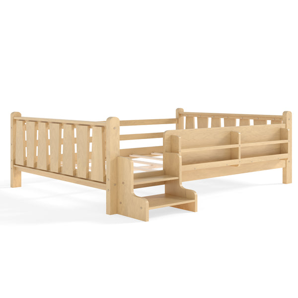English Elm Twin Pine Floor Bed with Guardrails Built-in Bookcases and Stair Steps for Kids W1580P430186