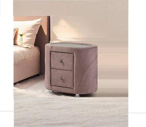 English Elm 1pc Pink Velvet Nightstand with Sandblasted Glass Top, Art Deco Two Drawers, Chrome Legs - Luxurious Bedroom Accent B2741P321723