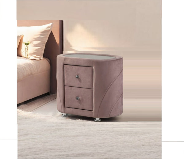 English Elm 1pc Pink Velvet Nightstand with Sandblasted Glass Top, Art Deco Two Drawers, Chrome Legs - Luxurious Bedroom Accent B2741P321723