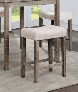 English Elm Transitional 5pc Counter Height Dining Set – Gray Farmhouse Table with 4 Beige Linen-Like Tufted Stools B011P230005