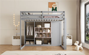 English Elm Twin Loft Bed with Wardrobe Shelves and Cabinet Kids Bedroom Wood Storage Frame Pink+Grey N708S00024E