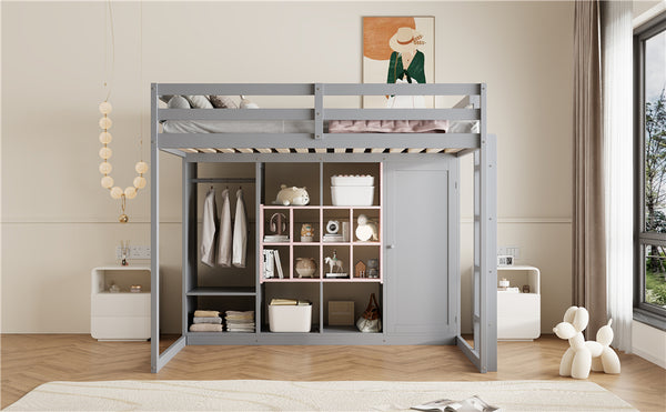 English Elm Twin Loft Bed with Wardrobe Shelves and Cabinet Kids Bedroom Wood Storage Frame Pink+Grey N708S00024E