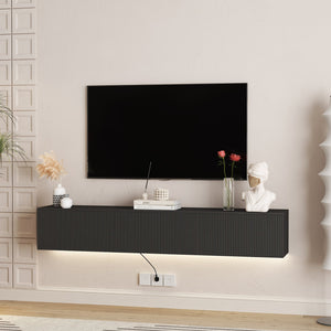 English Elm Floating TV Stand Wall Mounted with 16-Color LED Accent Lights, Modern 69" Floating Cabinet with Ample Storage and Sturdy MDF Build Black 74.8 L x 21.46 W x 5.51 H W1321P292553