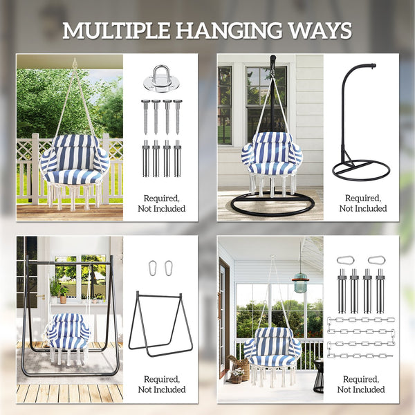 English Elm Hanging Hammock Swing Chair Boho Fringe Cushioned Seat for Patio or Indoor Use T3971P445964