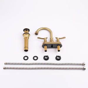 English Elm 2-Handle Brushed Gold Bathroom Faucet: Modern Vanity Sink Fixture With Pop-Up Drain & Hoses Included T3177P277468