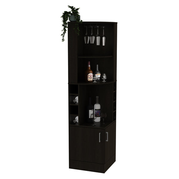 English Elm Syrah Corner Bar Cabinet with 8 Bottle Cubbies, 12-Glass Rack, Double Doors & Two Shelves - Black B070P217879