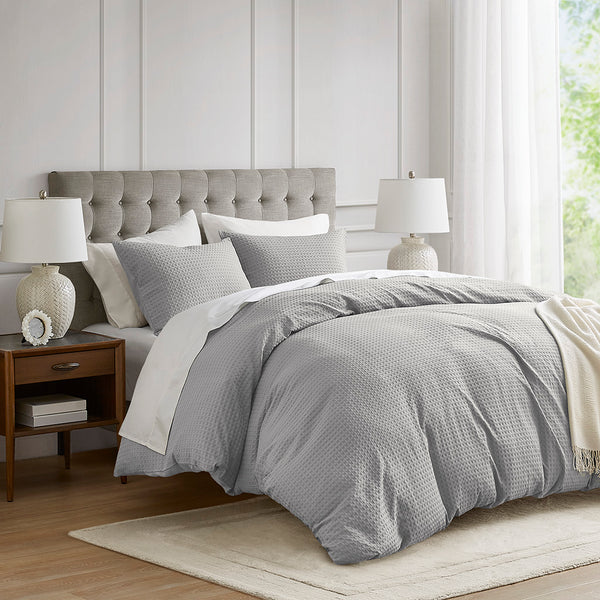 JLA Home Comfort Spaces - Waffle waffle-weave textured duvet cover set for all-season comfort, breathable softness, fade-resistant finish Light Grey AM12-0043