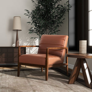 English Elm Jennifer Taylor Home - Kenneth 28" Modern Transitional Lounge Accent Chair in Brown Top-Grain Leather with Wood Arms, Tufted Comfort B2719P238273