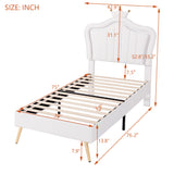 English Elm Twin Size Upholstered Bed Frame With Led Lights, Modern Upholstered Princess Bed With Crown Headboard,White