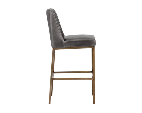 Sunpan Leighland Classic Barstool with Antique Brass Frame and Diamond-Stitched Faux Leather Upholstery Overcast Grey