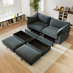 English Elm 2 Seater Sofa With Movable Ottomans & Hidden Storage Drawers - Chic Chenille Comfort & Style W3041S00194
