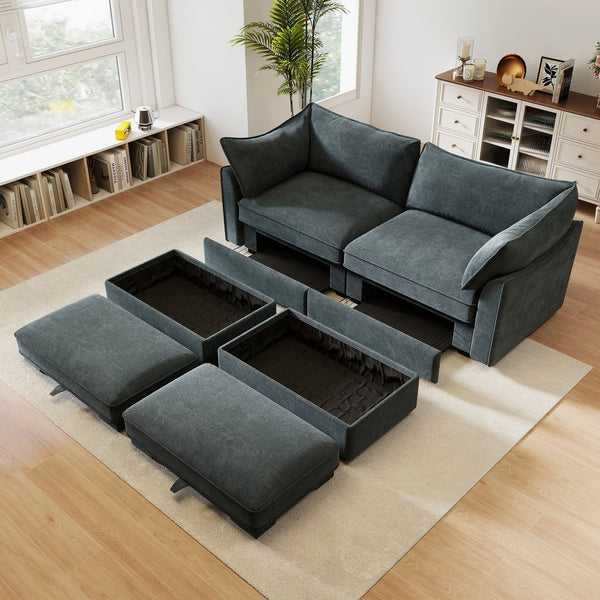 English Elm 2 Seater Sofa With Movable Ottomans & Hidden Storage Drawers - Chic Chenille Comfort & Style W3041S00194