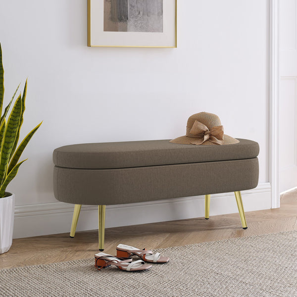 English Elm Ottoman Oval Flannel Storage Bench with Matte Metal Legs for Bedroom or Living Room Brown W487P438631