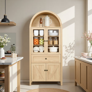 English Elm Dome Arched Cabinet with Vintage Circular Hardware and Multi-tier Shelving for Living Room W1785P332536