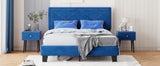 English Elm Simple Queen Size Upholstered Bed Frame With Rivet Design, Modern Velvet Platform Bed With Headboard, Blue