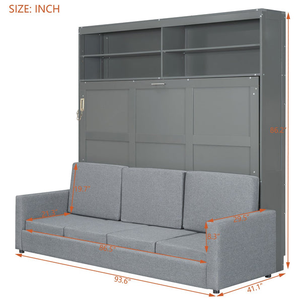 English Elm Queen Murphy Wall Bed with Integrated Sofa Linen Upholstered for Studio Apartments Gray LP000892AAE-1