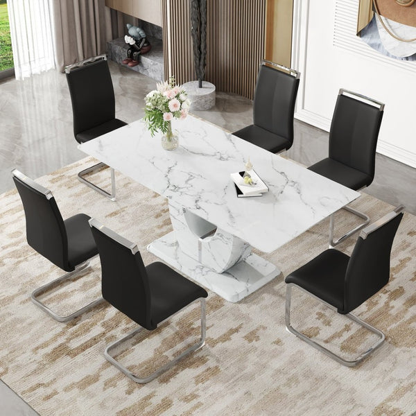 English Elm Table And Chair Set - Modern Marble Pattern Dining Set With 6 Comfortable Black Pu Chairs, 71"X35.4" W1151S02116-GIGA