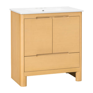 English Elm [video] 30 Inch Freestanding Bathroom Vanity Pine Legs Ceramic Sink Soft Close Storage Oak N759P412928O