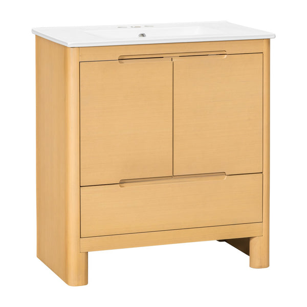 English Elm [video] 30 Inch Freestanding Bathroom Vanity Pine Legs Ceramic Sink Soft Close Storage Oak N759P412928O