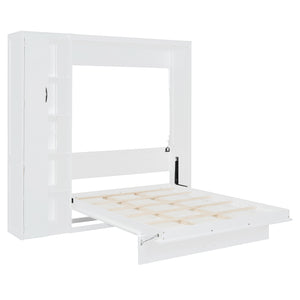 English Elm Full Size Murphy Bed with Open Shelving Wardrobe and Led Lighting for Studio Spaces White LP000898AAK