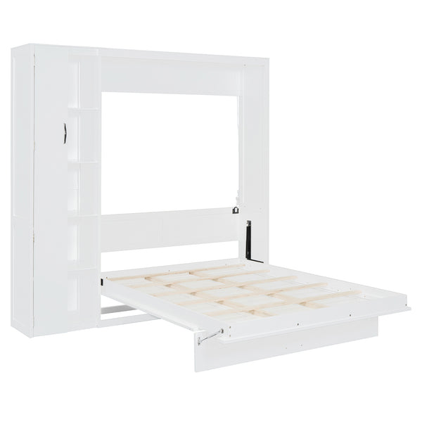 English Elm Full Size Murphy Bed with Open Shelving Wardrobe and Led Lighting for Studio Spaces White LP000898AAK