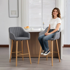 English Elm Modern Linen Upholstered Barstools with Oak Legs Armrests and Footrest for Kitchen Islands Gray W395P396316