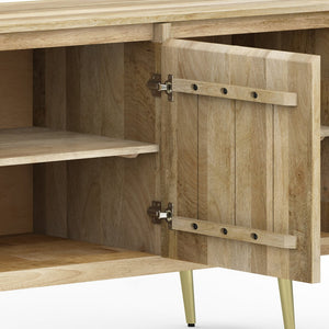 English Elm Jager Mid-Century Sideboard Buffet in Natural Mango Wood with Gold Brass Inlay & Soft-Close Doors B136P158752