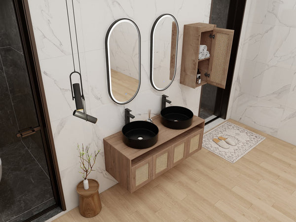 English Elm 48" Floating Bathroom Vanity Oak Finish Dual Ceramic Sinks Four Soft Close Doors W999S00499