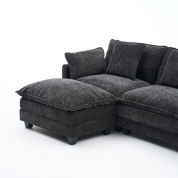 English Elm Beige Chenille Sectional Sofa with Modular Ottoman for Living Room or Studio Black W2603S00006