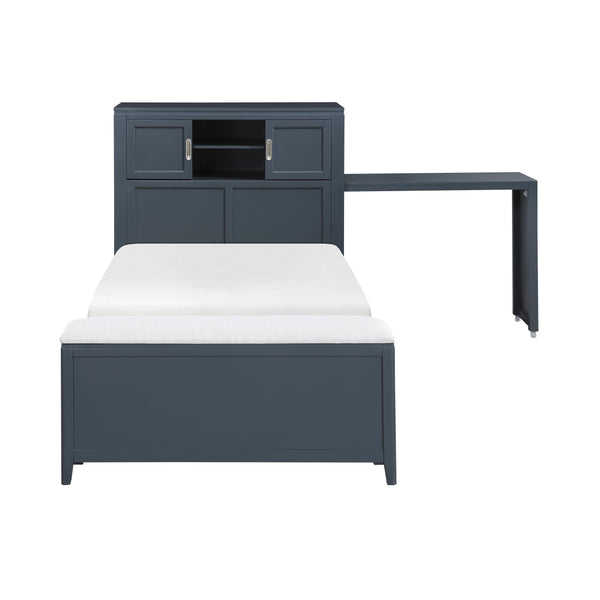 English Elm Gray Twin Platform Bed with Bookcase Headboard Hidden Desk Stool and Footboard Bench Navy Blue B011S02312