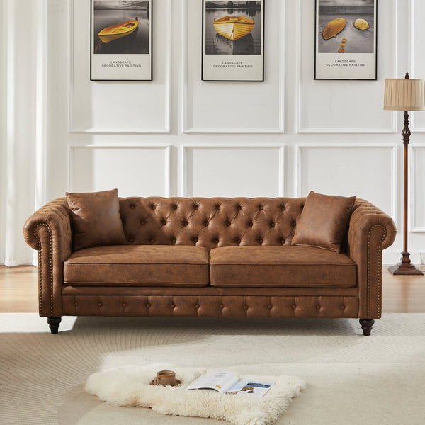 English Elm Fx Chesterfield Sofa Hand Tufted Tech Fabric Three Seat Living Room Couch Brown W1926S00107