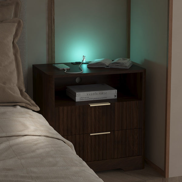 English Elm Nightstand Wood Cabinet with Usb Charging Ports Voice Light and Bedroom Storage W1321P399416