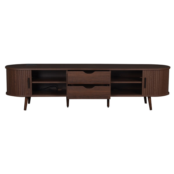 English Elm 70 Mid Century TV Stand with Rattan-Front Drawers, Tambour Doors, Built-In Outlets & Solid Wood Legs Dark Brown N710P339446P
