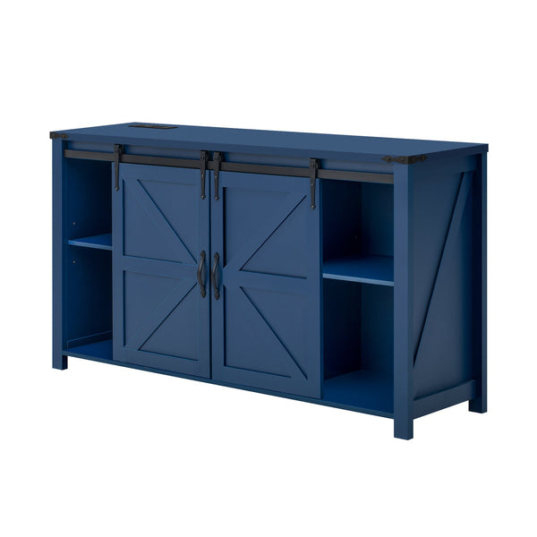 English Elm U-style Farmhouse Sideboard Barn Door Buffet with Drawers Built-in Outlet Dining Navy Blue N711P347377V