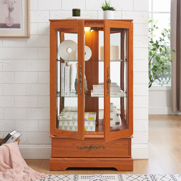 English Elm Lighted Glass Curio Cabinet - Elegant Dark Oak Display With Adjustable Shelves, Built-In Drawer & Bulb W1758P300114