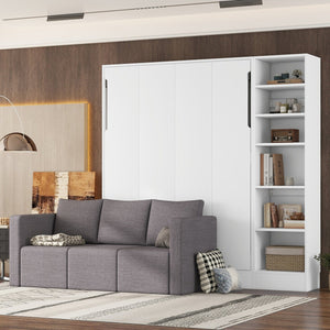 English Elm Full Size Murphy Wall Bed with Integrated Sofa Open Shelving White Cabinet Unit LP000795AAK