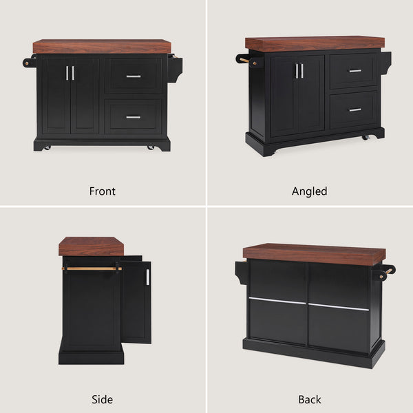English Elm K&k Rolling Kitchen Island with Walnut Grain Countertop Drawers and Spice Rack Black N707S000025B