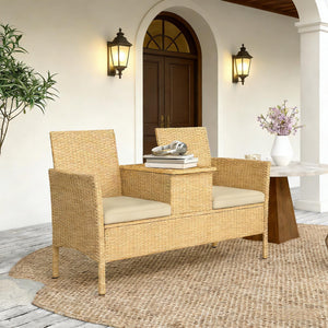 English Elm Patio Loveseat with Flip Top Acacia Table Pe Rattan Balcony Sofa Hidden Storage T3971P446177