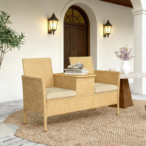 English Elm Patio Loveseat with Flip Top Acacia Table Pe Rattan Balcony Sofa Hidden Storage T3971P446177